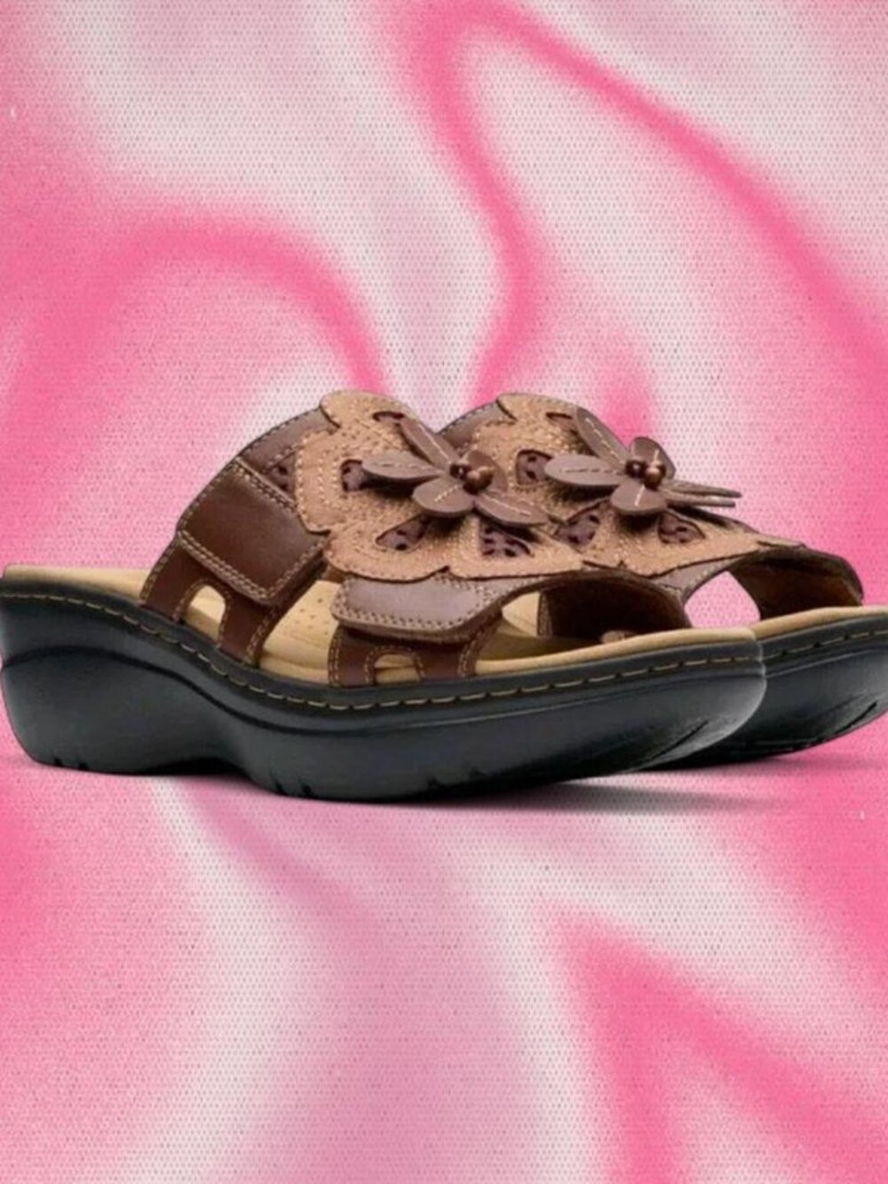 Clarks Merliah2 Belle Flower Brown Leather Wedge Sandals 🌸